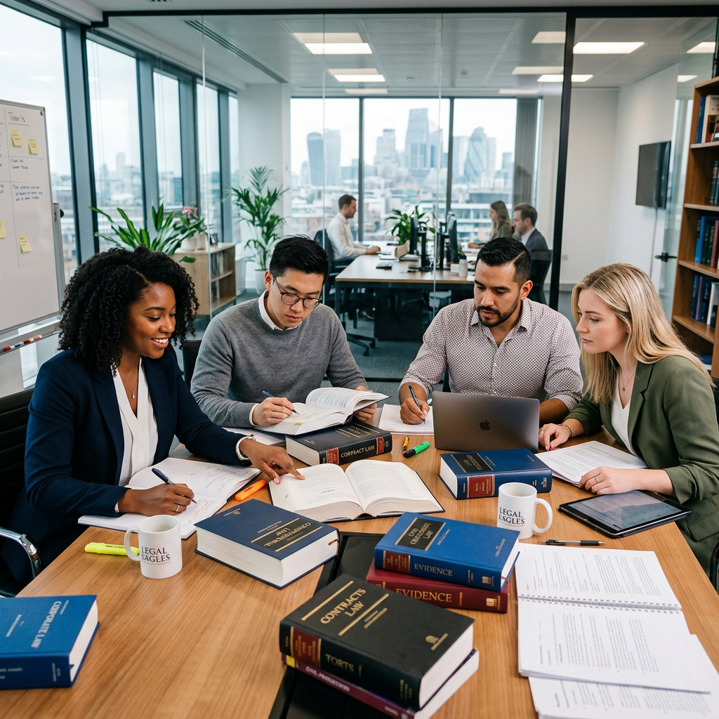 Four legal professionals collaborating over law books and documents in a modern office