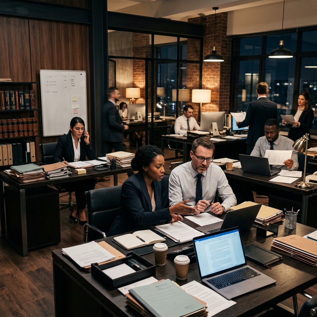Office workers collaborating and reviewing documents in a modern workspace at night