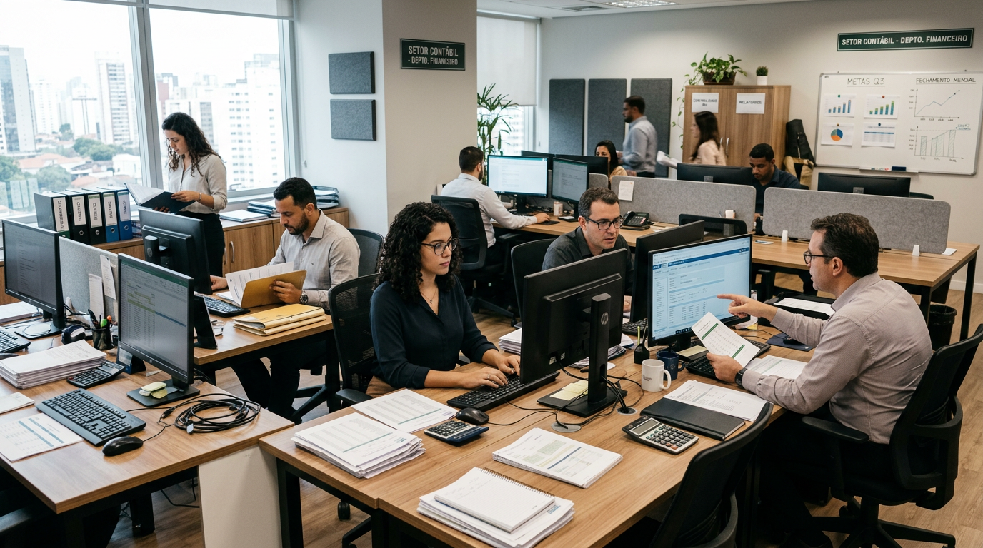Office workers analyzing financial documents and working on computers